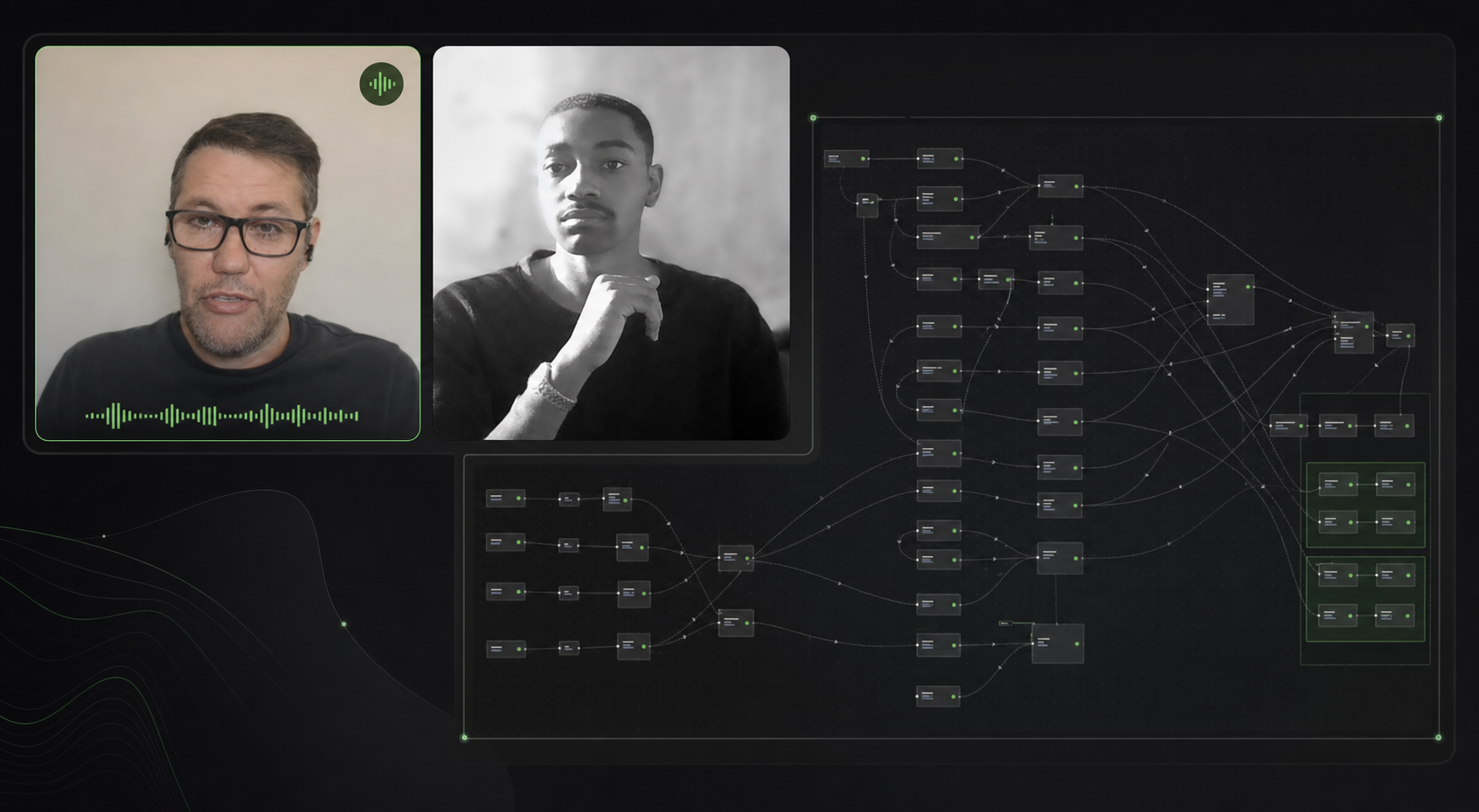 Sessão de mentoria online com mentor, cliente e um mapa visual de processos compartilhado na tela